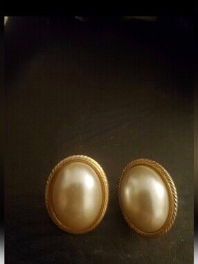 Vintage Napier Goldtone Faux Pearl Oval Pierced Earrings Medium Signed